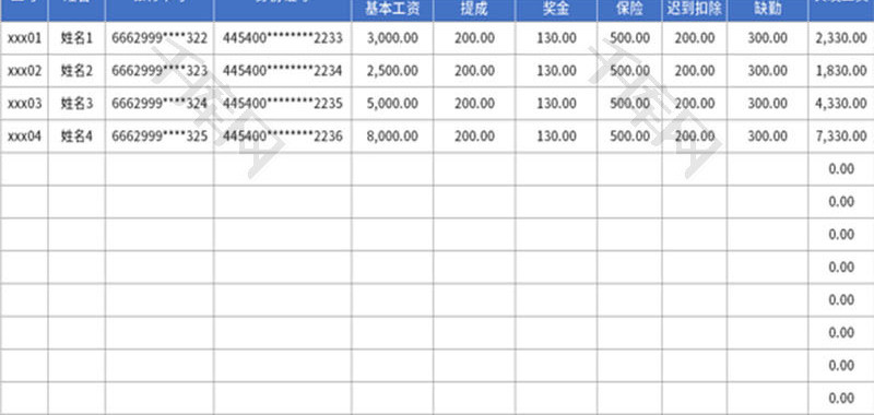 员工工资表Excel模板