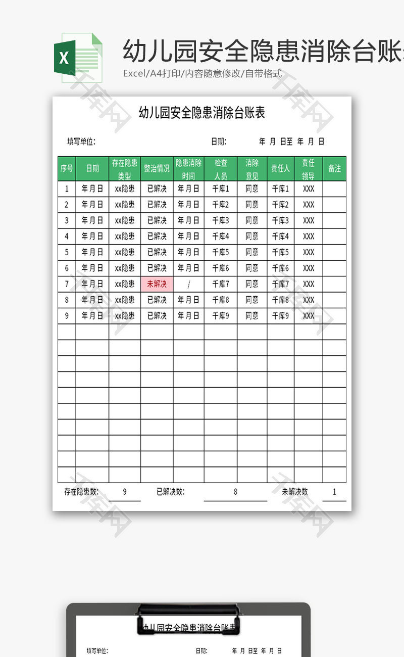 幼儿园安全隐患消除台账表Excel模板