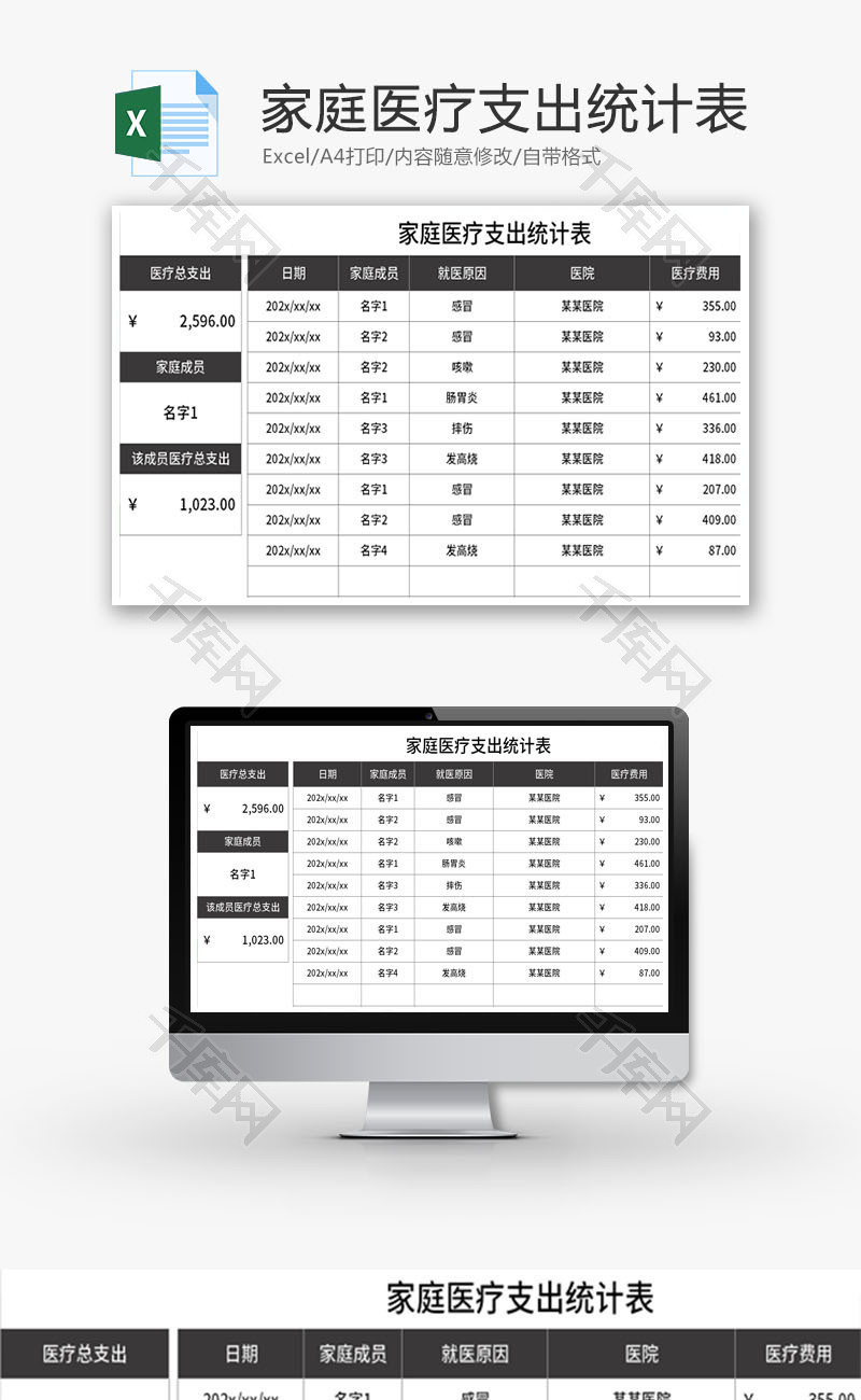 家庭医疗支出统计表Excel模板