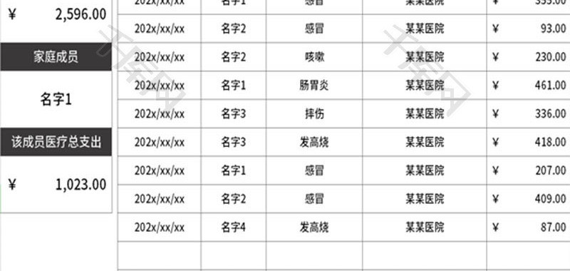 家庭医疗支出统计表Excel模板