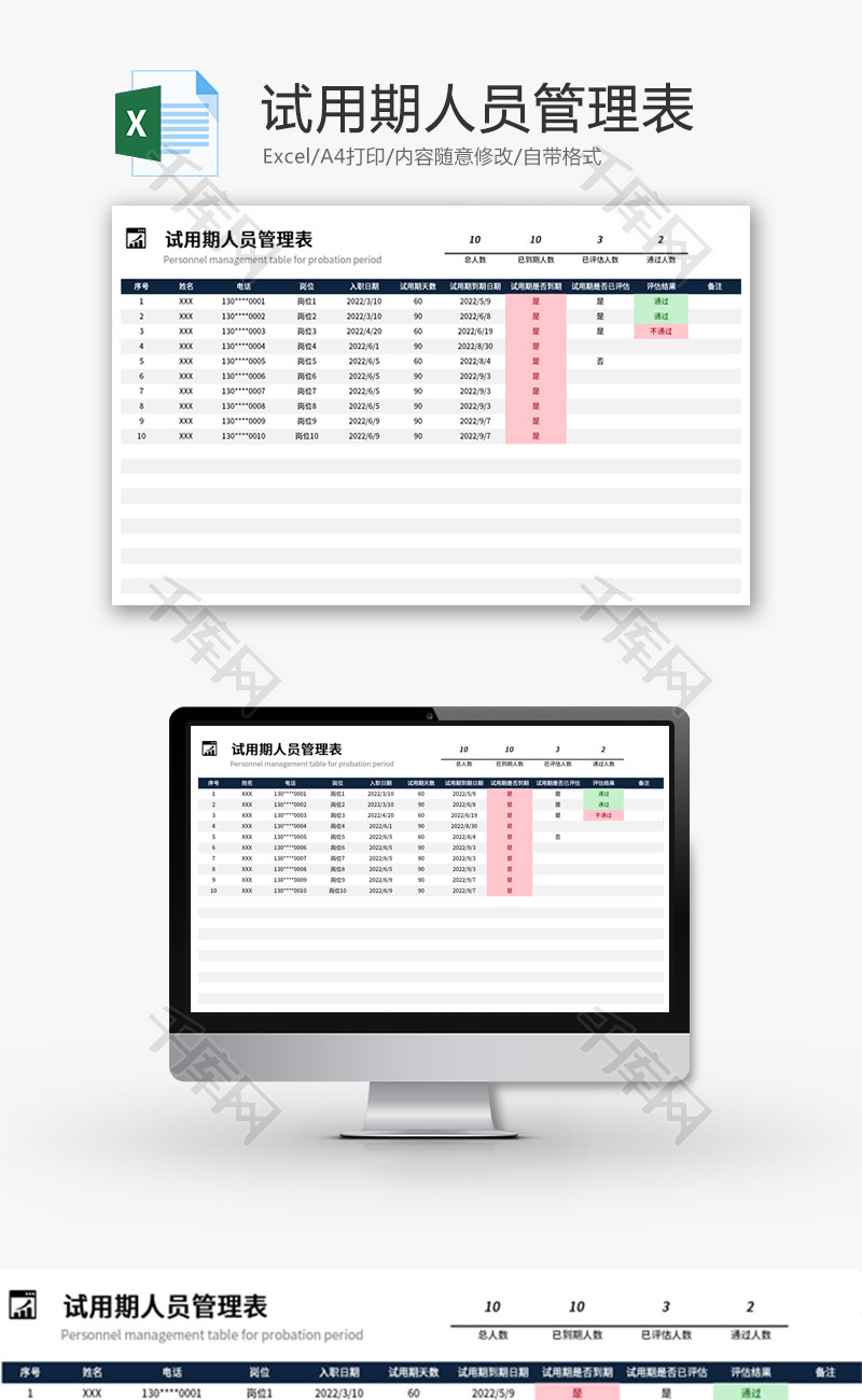 试用期人员管理表Excel模板