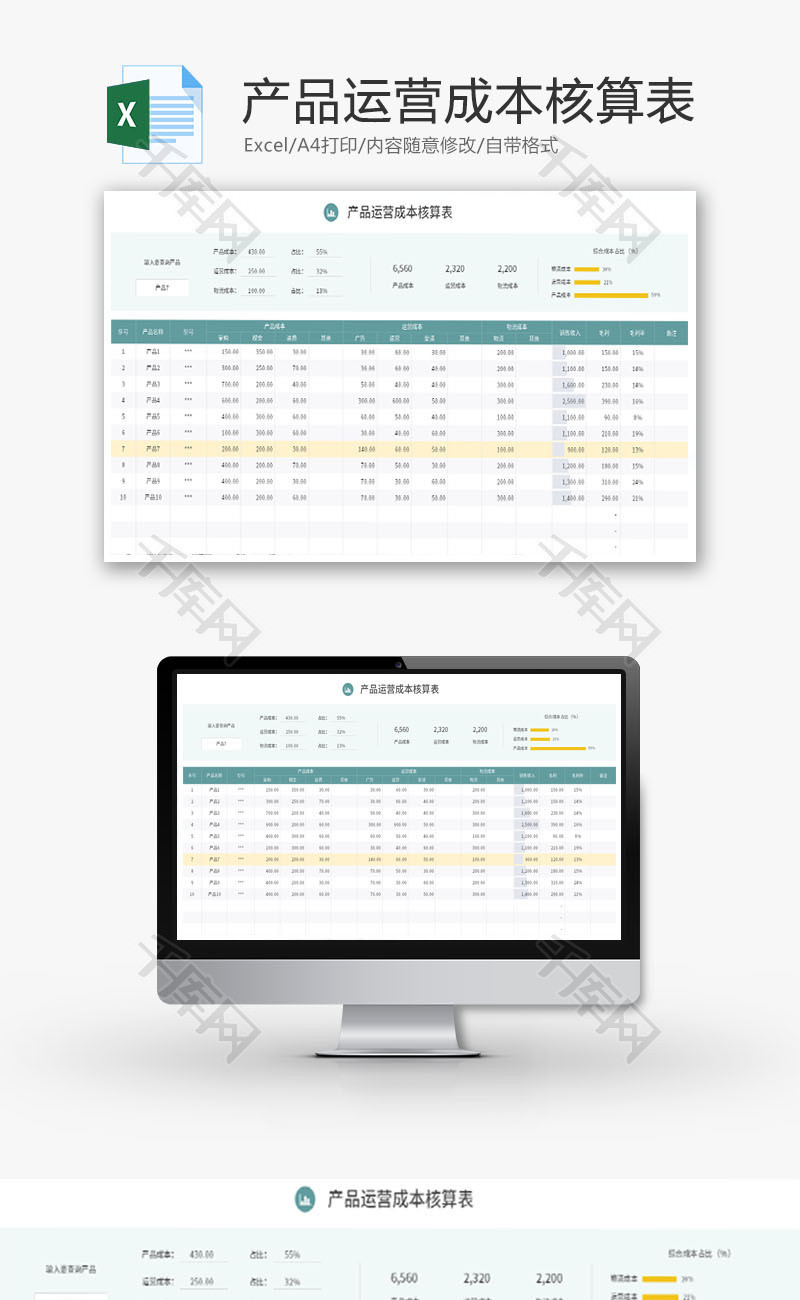 产品运营成本核算表Excel模板
