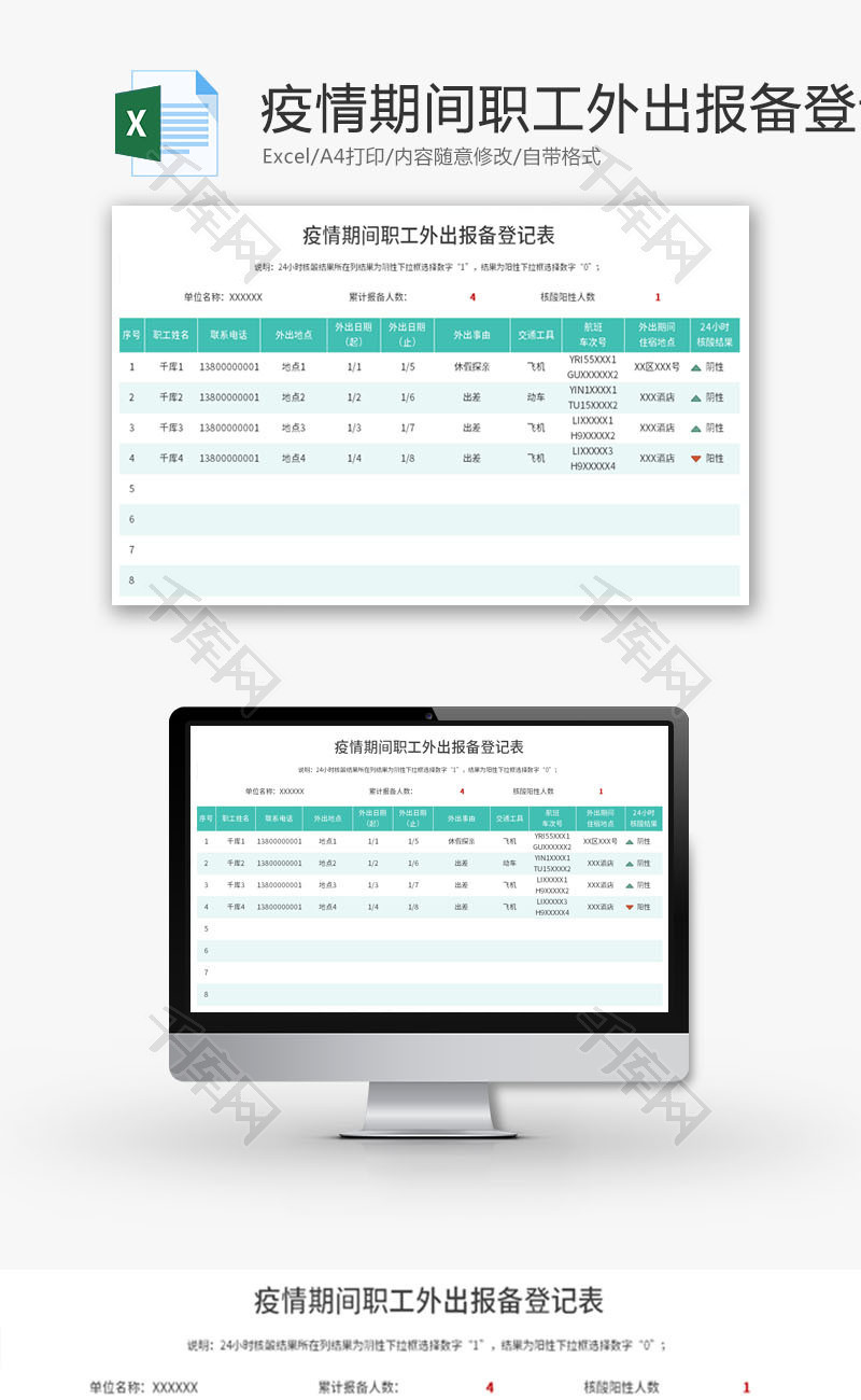 疫情期间职工外出报备登记表Excel模板