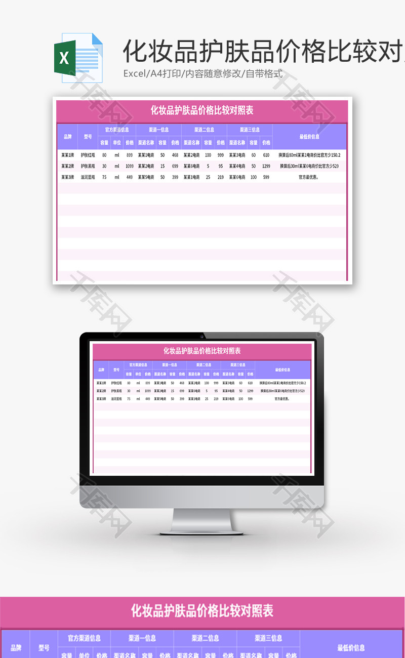 化妆品护肤品价格比较对照表Excel模板