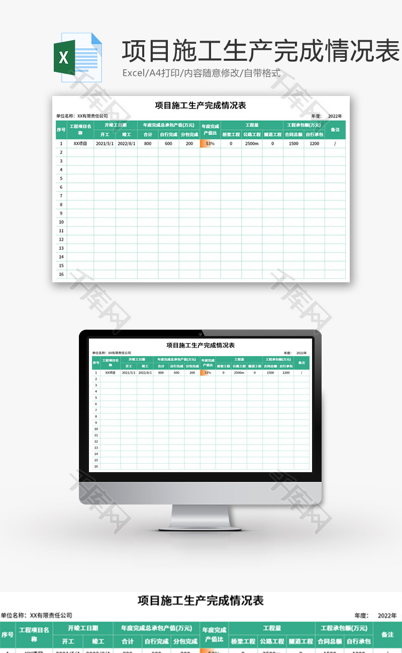 项目施工生产完成情况表Excel模板