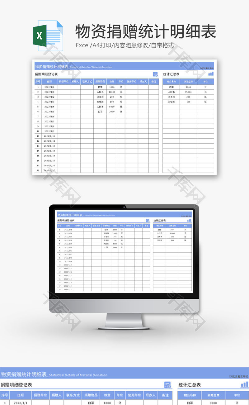 物资捐赠统计明细表Excel模板