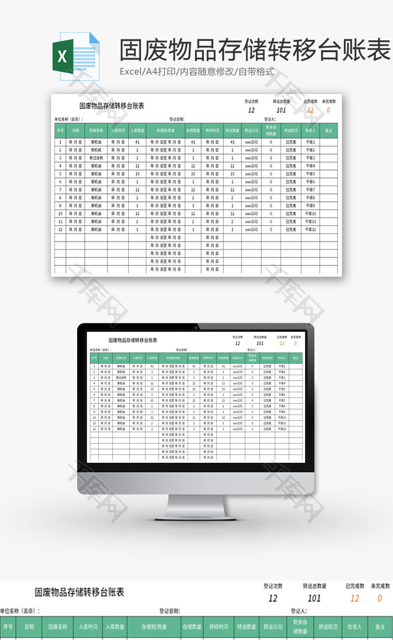 固废物品存储转移台账表Excel模板