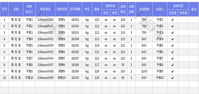 货物运输费用表Excel模板