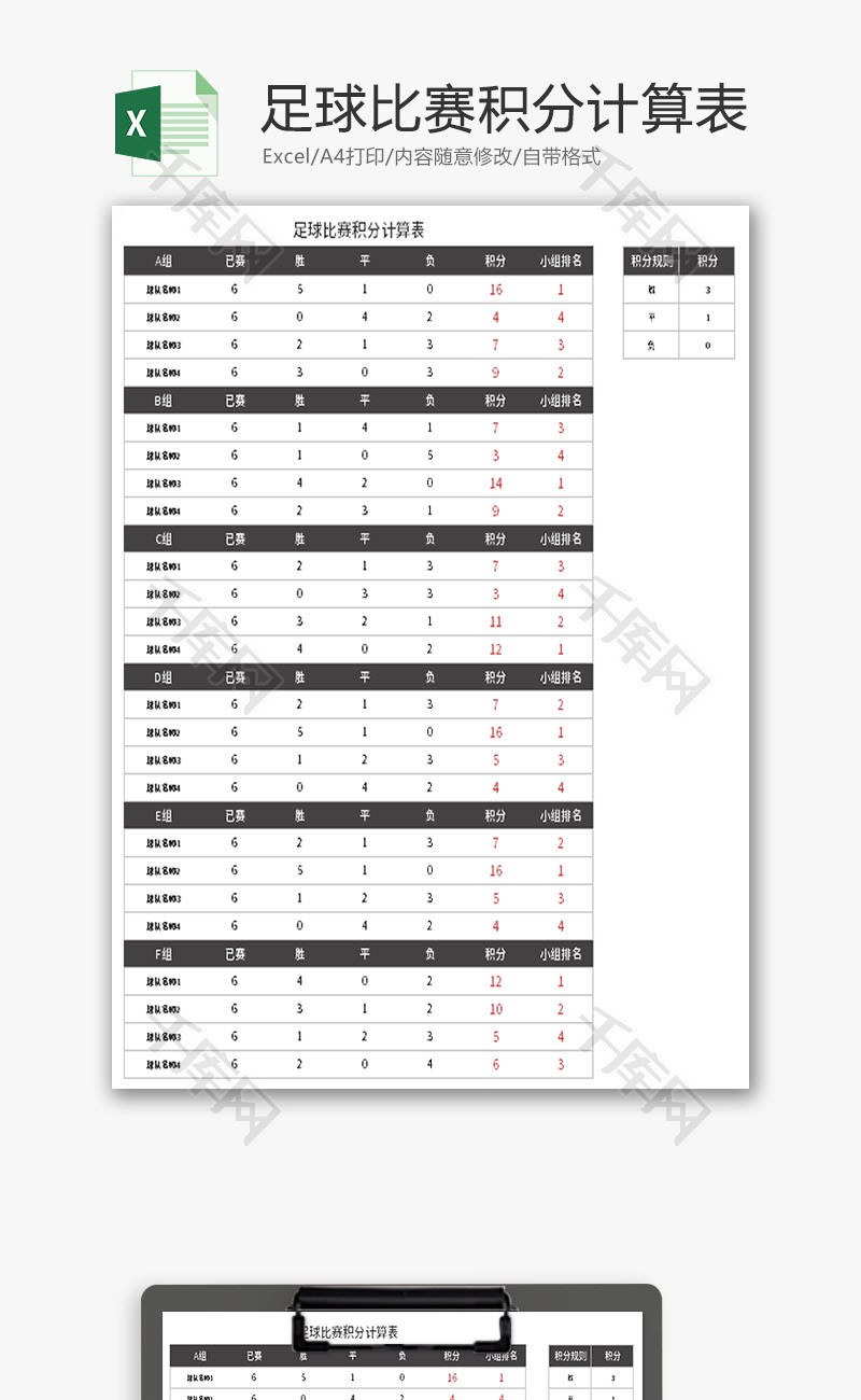 足球比赛积分计算表Excel模板