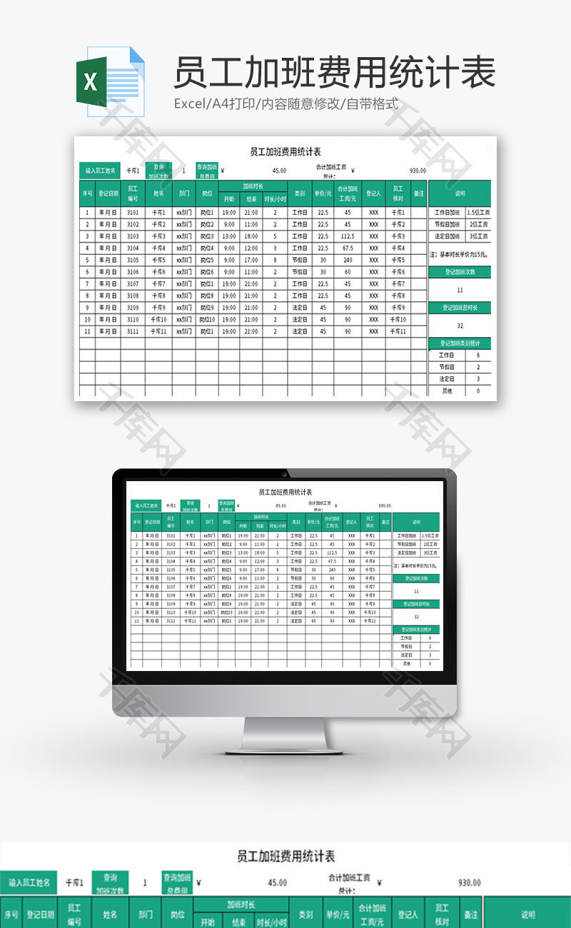 员工加班费用统计表Excel模板