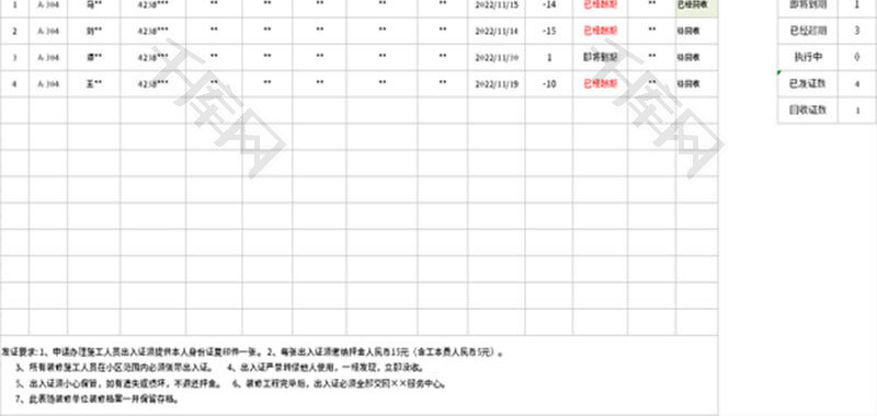 装修施工出入证登记表Excel模板