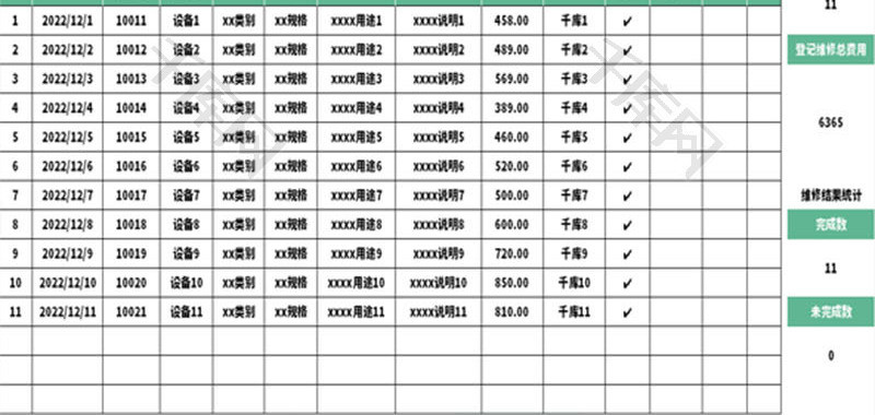设备维修费用表Excel模板