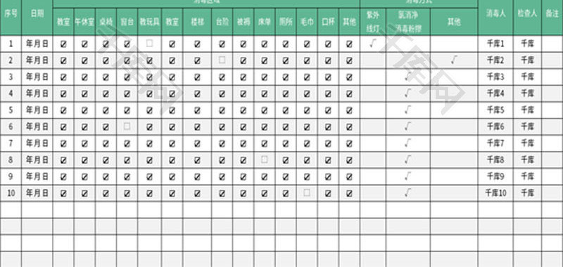 幼儿园日消毒记录表Excel模板