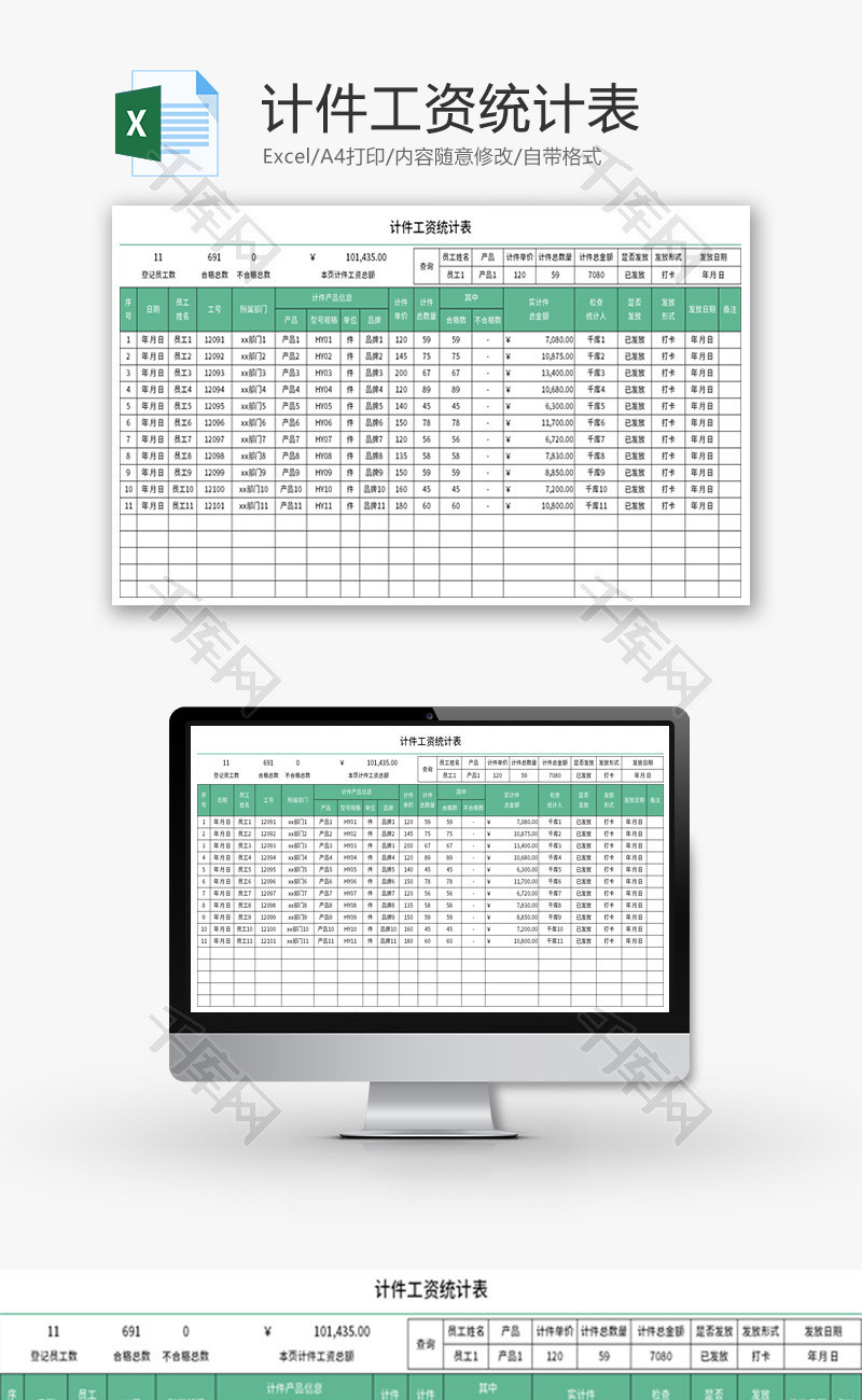 计件工资统计表Excel模板