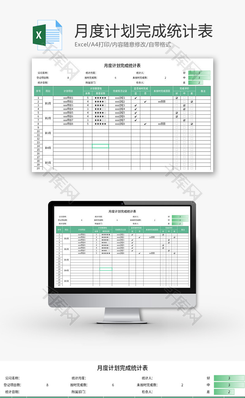 月度计划完成统计表Excel模板