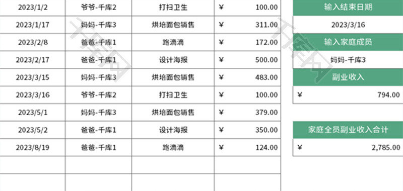 家庭副业收入记账表Excel模板