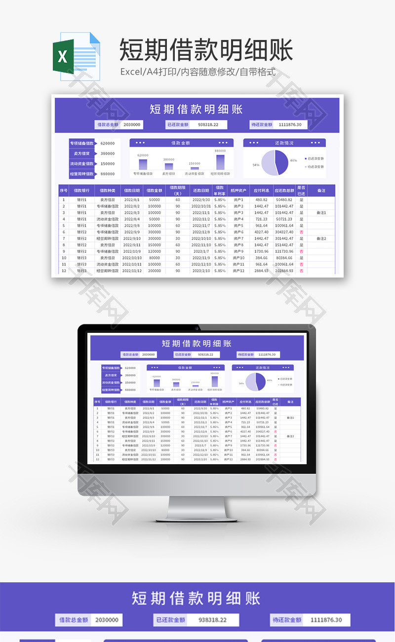 短期借款明细账Excel模板