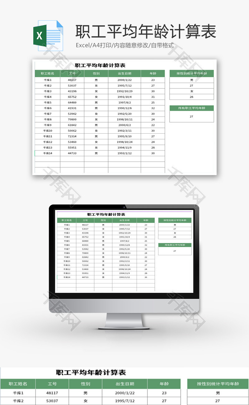 职工平均年龄计算表Excel模板