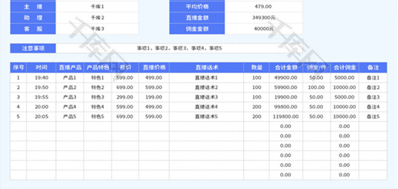 电商主播直播带货脚本Excel模板