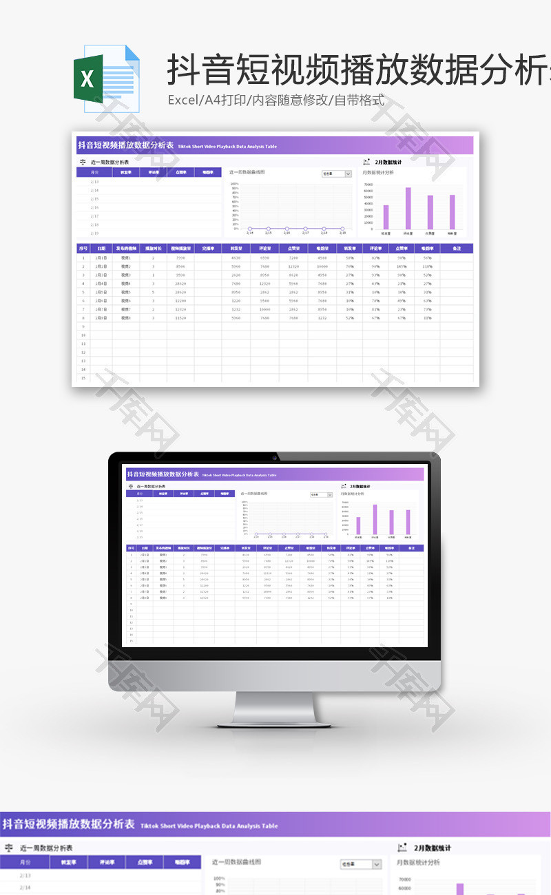 抖音短视频播放数据分析表Excel模板