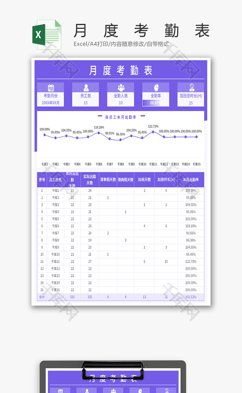 月度考勤表Excel模板