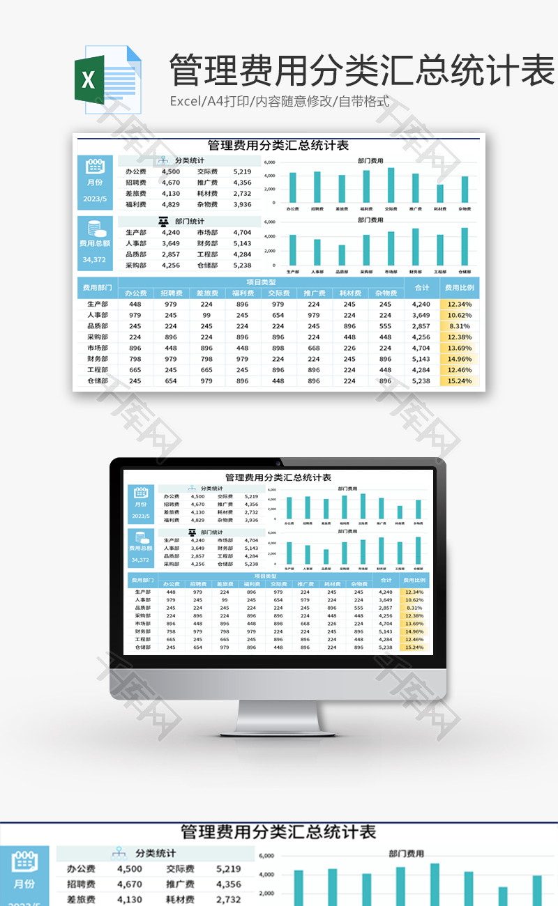 管理费用分类汇总统计表Excel模板