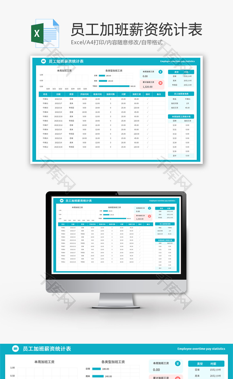 员工加班薪资统计表Excel模板