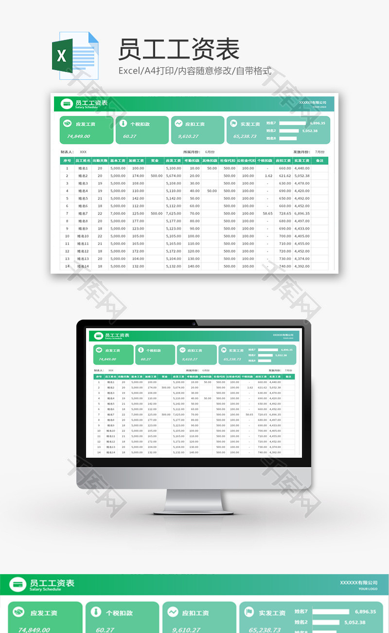 员工工资表Excel模板