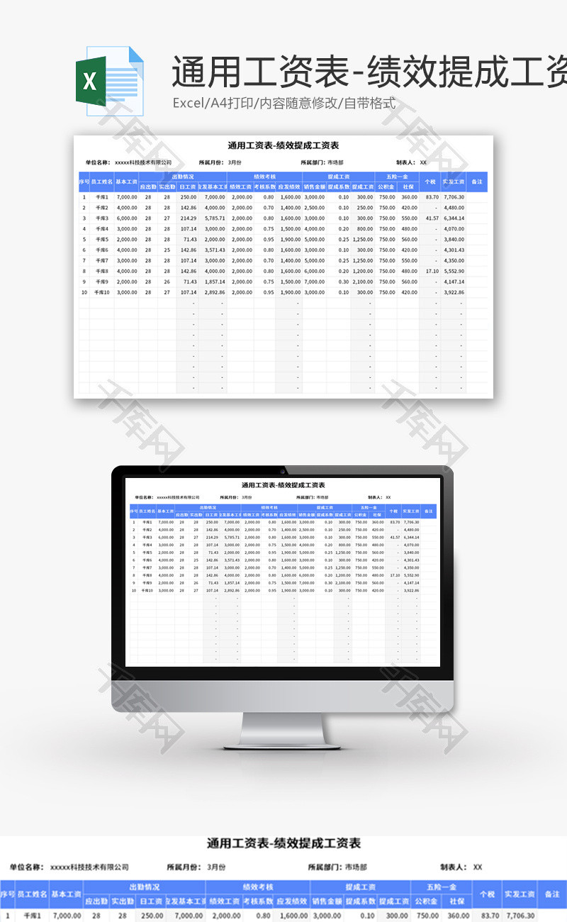 绩效提成工资表Excel模板