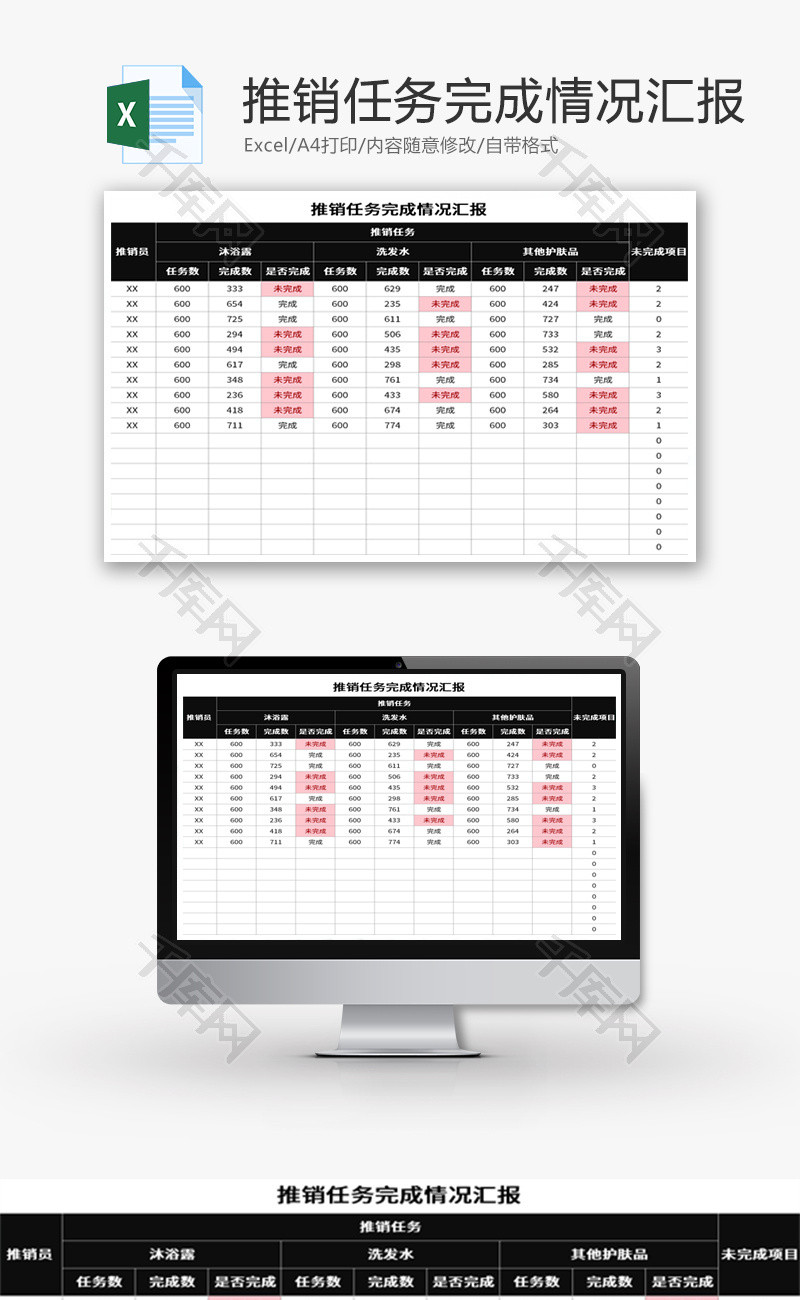 推销任务完成情况汇报Excel模板