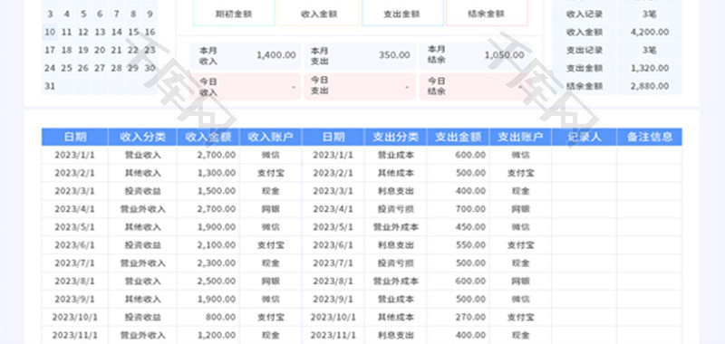 通用收入支出记录表Excel模板