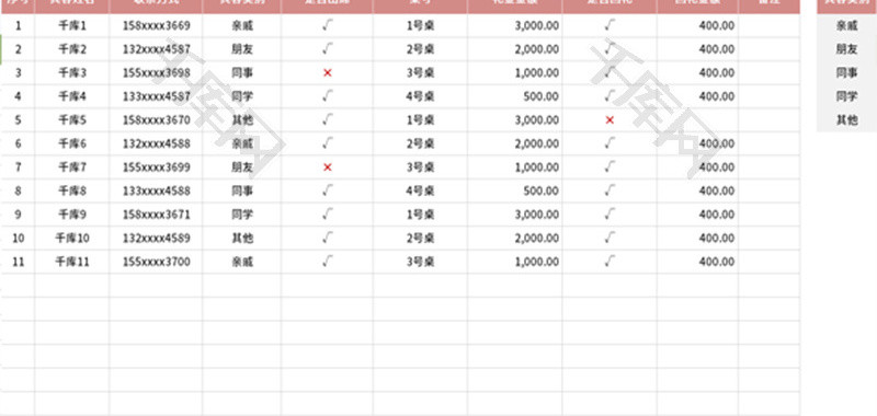 婚礼宾客来访登记表Excel模板