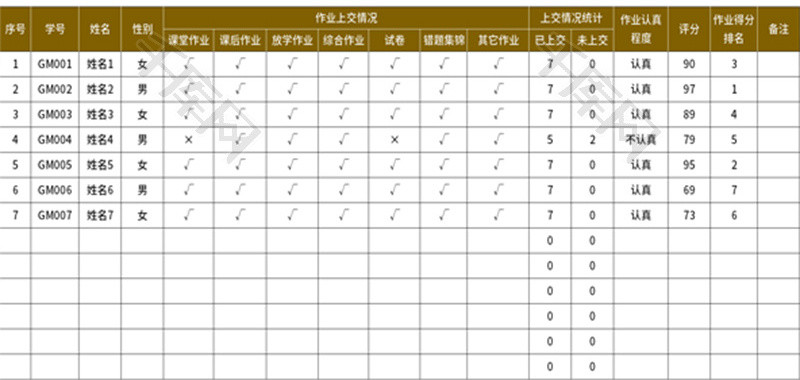 学生作业评价表Excel模板