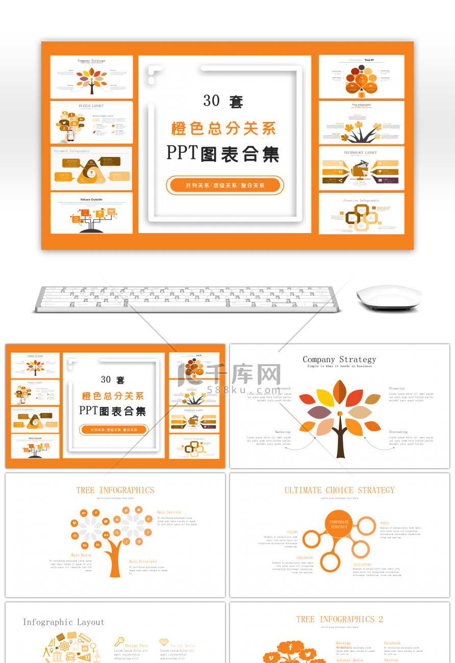 30套橙色总分关系PPT图表合集