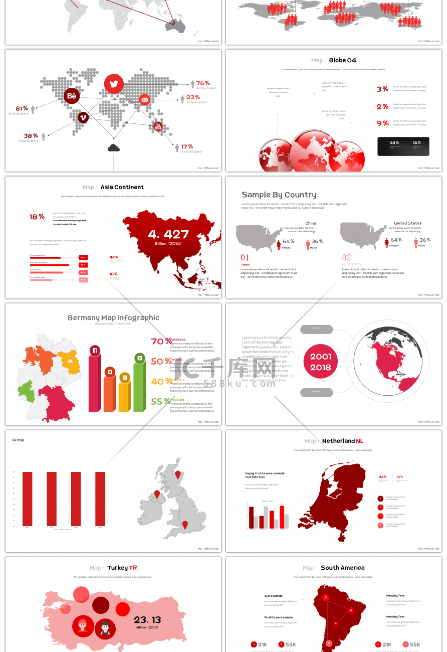 30套红色世界地图PPT图表合集