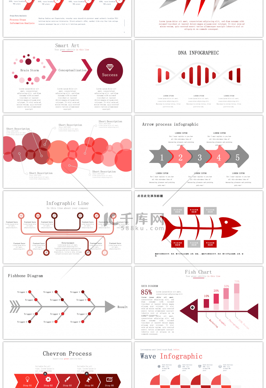 30套红色鱼骨图PPT图表合集