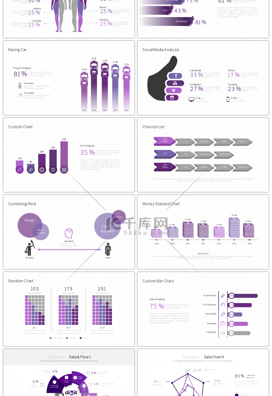 30套紫色商务对比关系PPT图表