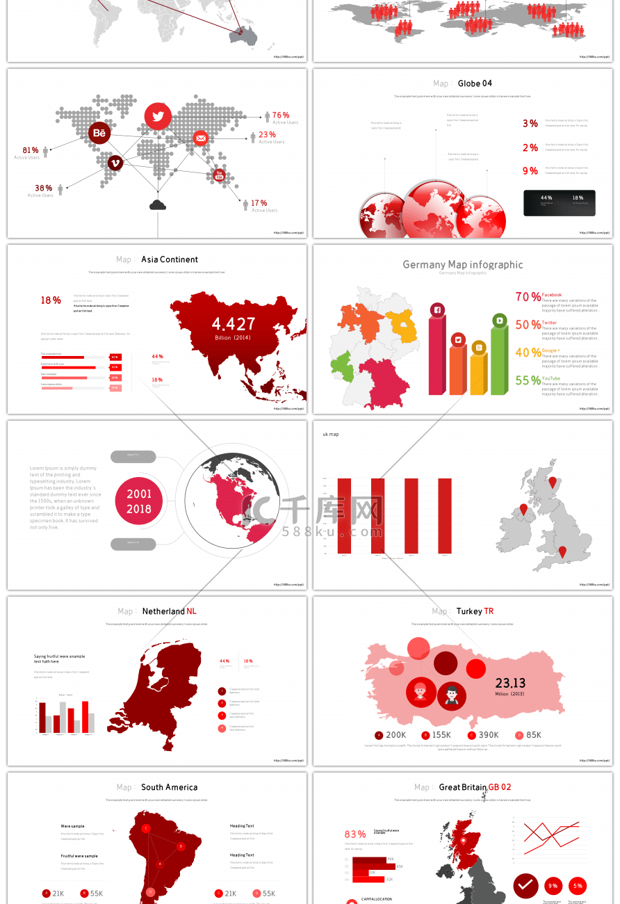 30套红色世界地图PPT图表合集