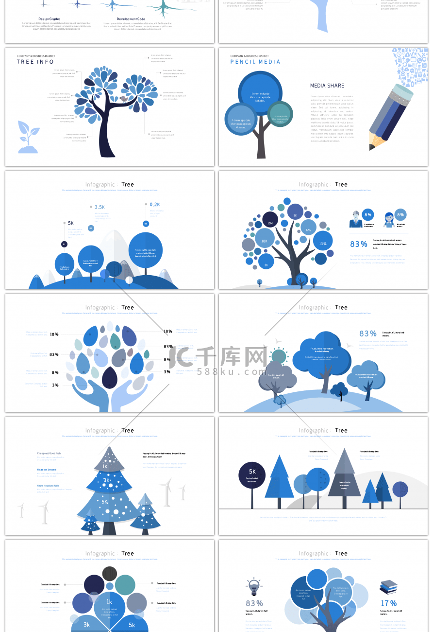 30套蓝色系总分关系PPT图表合集