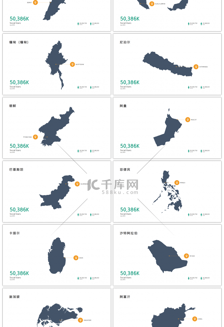 30套简约亚洲地图PPT图表合集