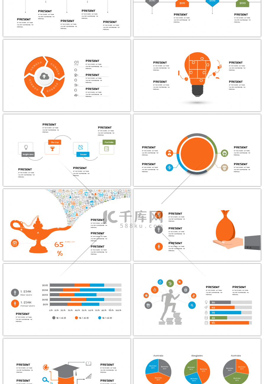 30套橙色简约通用PPT图表合集