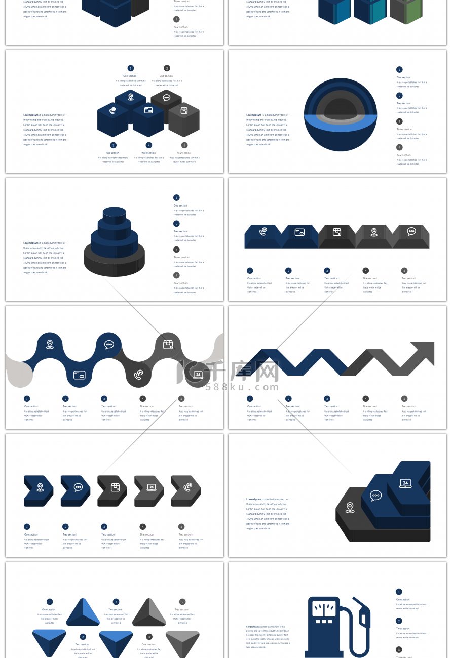 30套深蓝色3D设计商务PPT图表合集