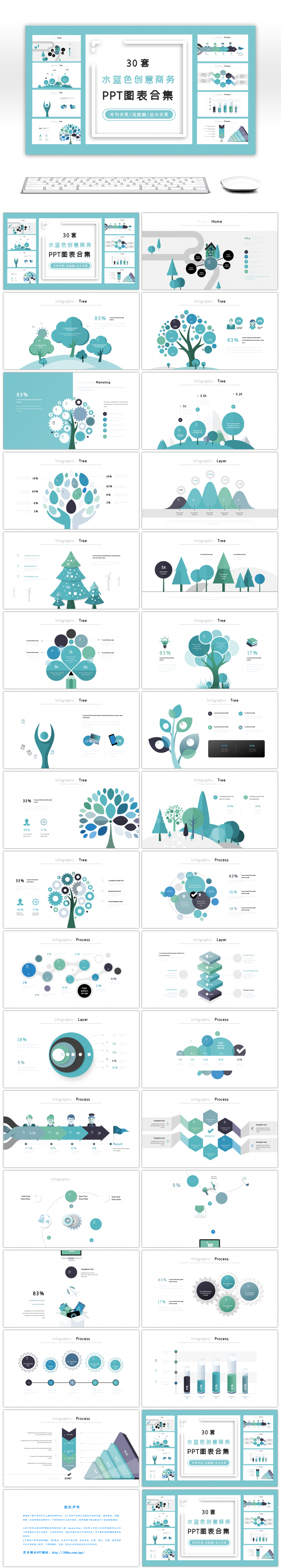 30套水蓝色创意商务PPT图表合集