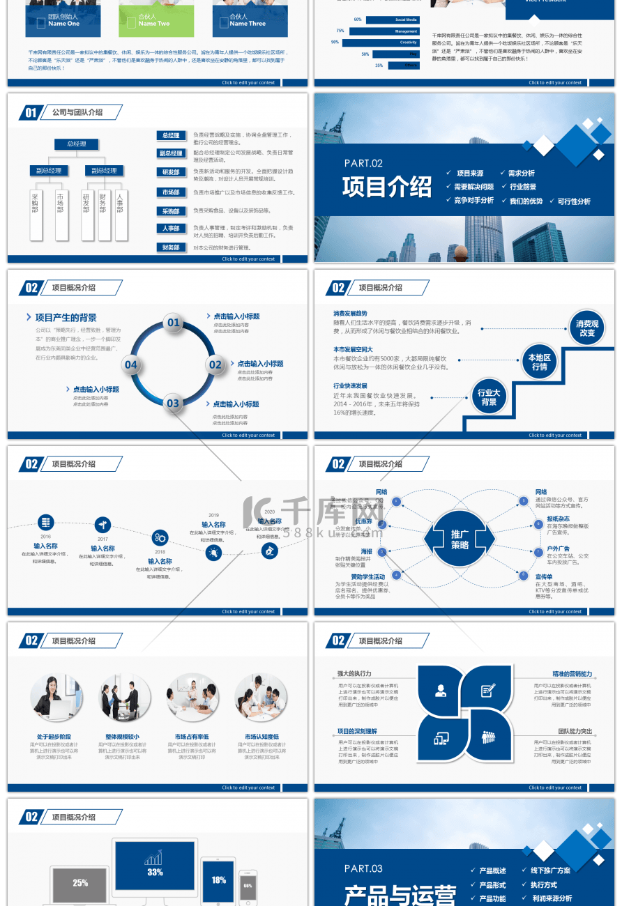 深蓝商务创业计划投资合作公司计划书PPT模板