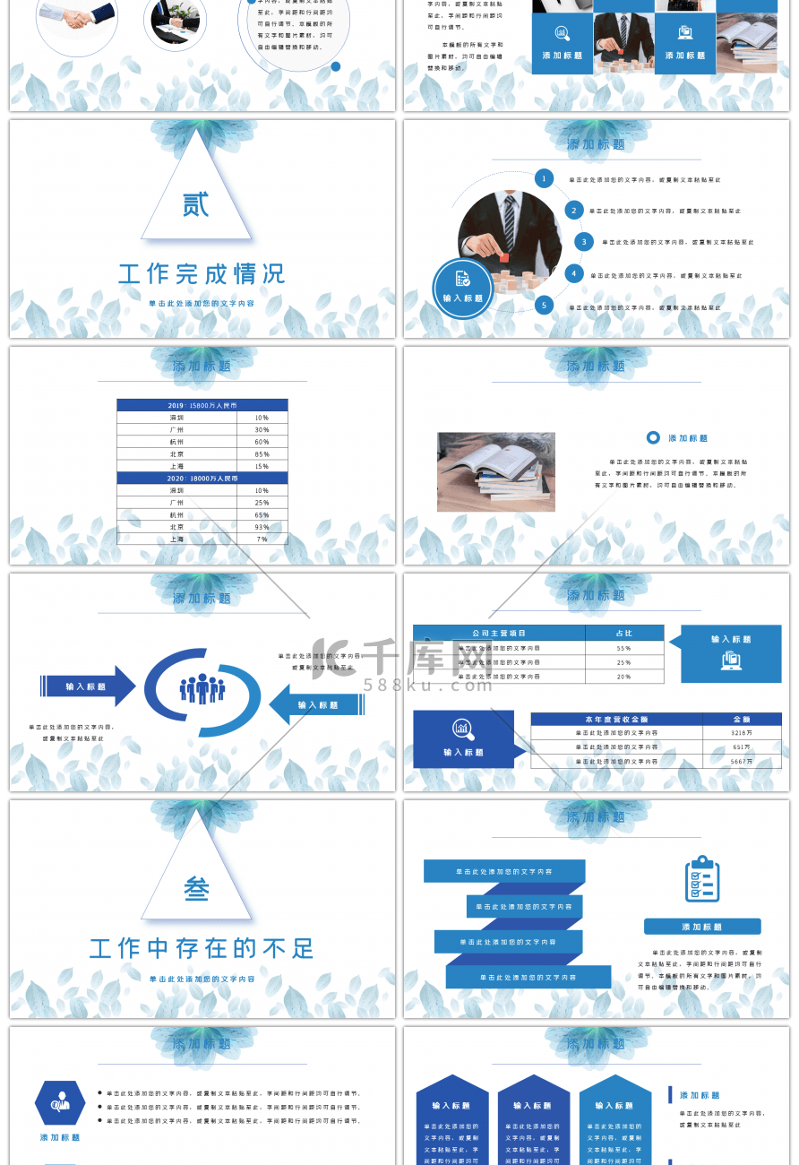 蓝色水彩花卉个人述职报告PPT模板