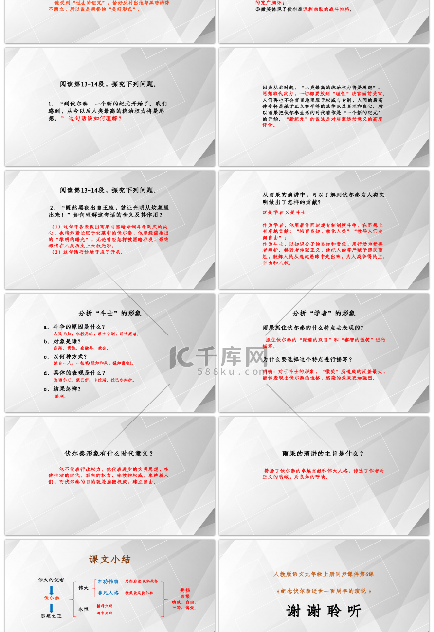 人教版语文九年级上册《纪念伏尔泰逝世一百周年的演说》PPT课件