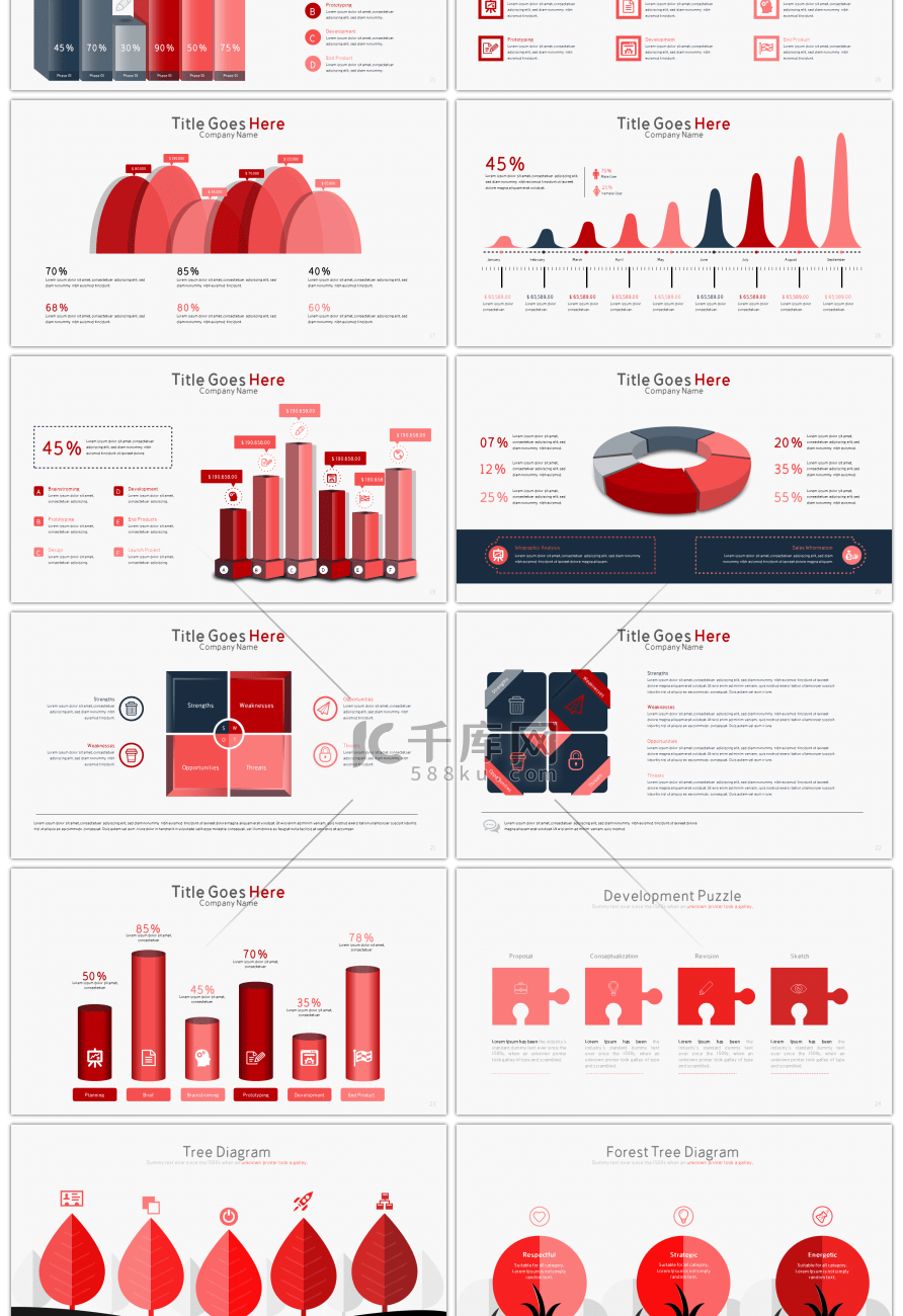 30套红色柱状图ppt图表合集