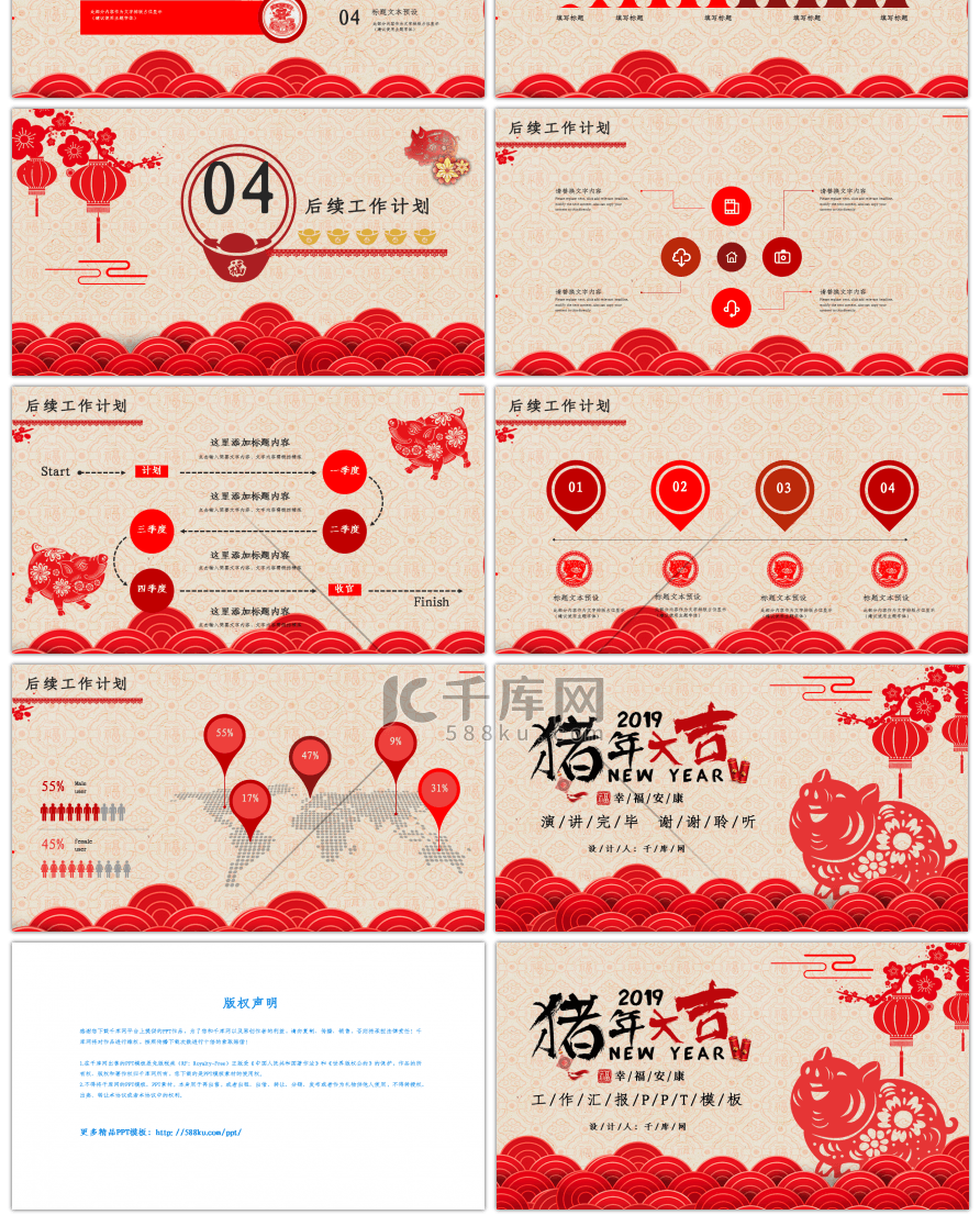 2019红色中国风猪年大吉工作汇报PPT模板