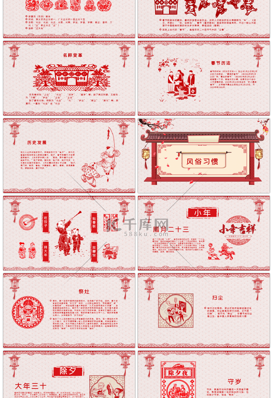 剪纸风格中国传统节日春节习俗PPT模板