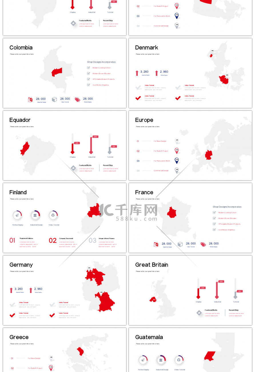 30套红色简约地图信息PPT图表合集